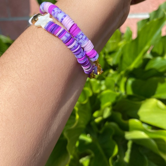 Hand Made -Purple Be Happy Beaded Bracelet with white/gold stars - Picture 6 of 7